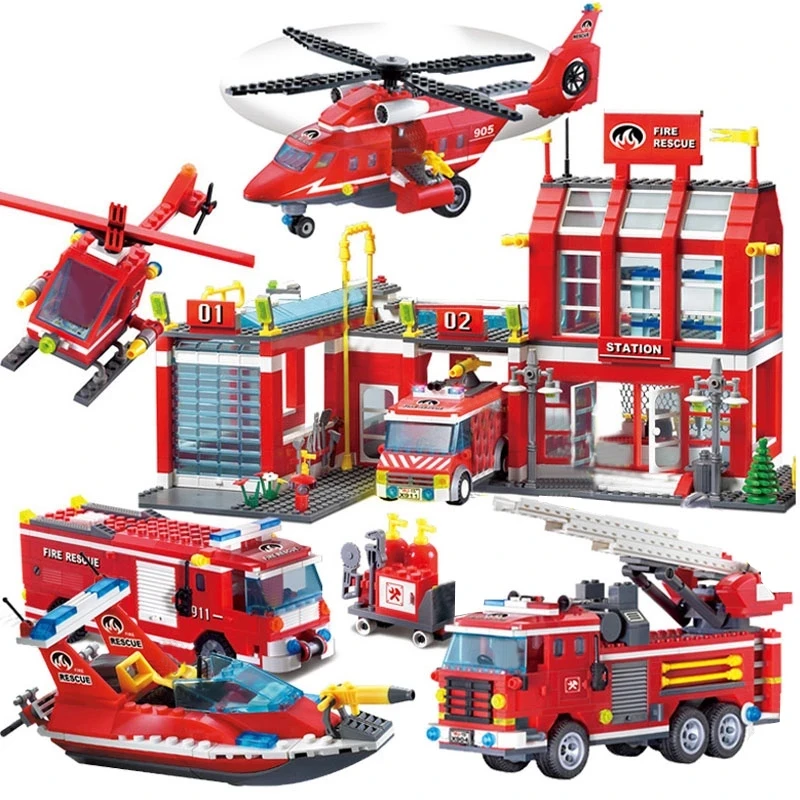 

City Fire station Building Blocks Truck Helicopter boat car firefighter Bricks Assembled DIY Educational Toys For Children Gifts