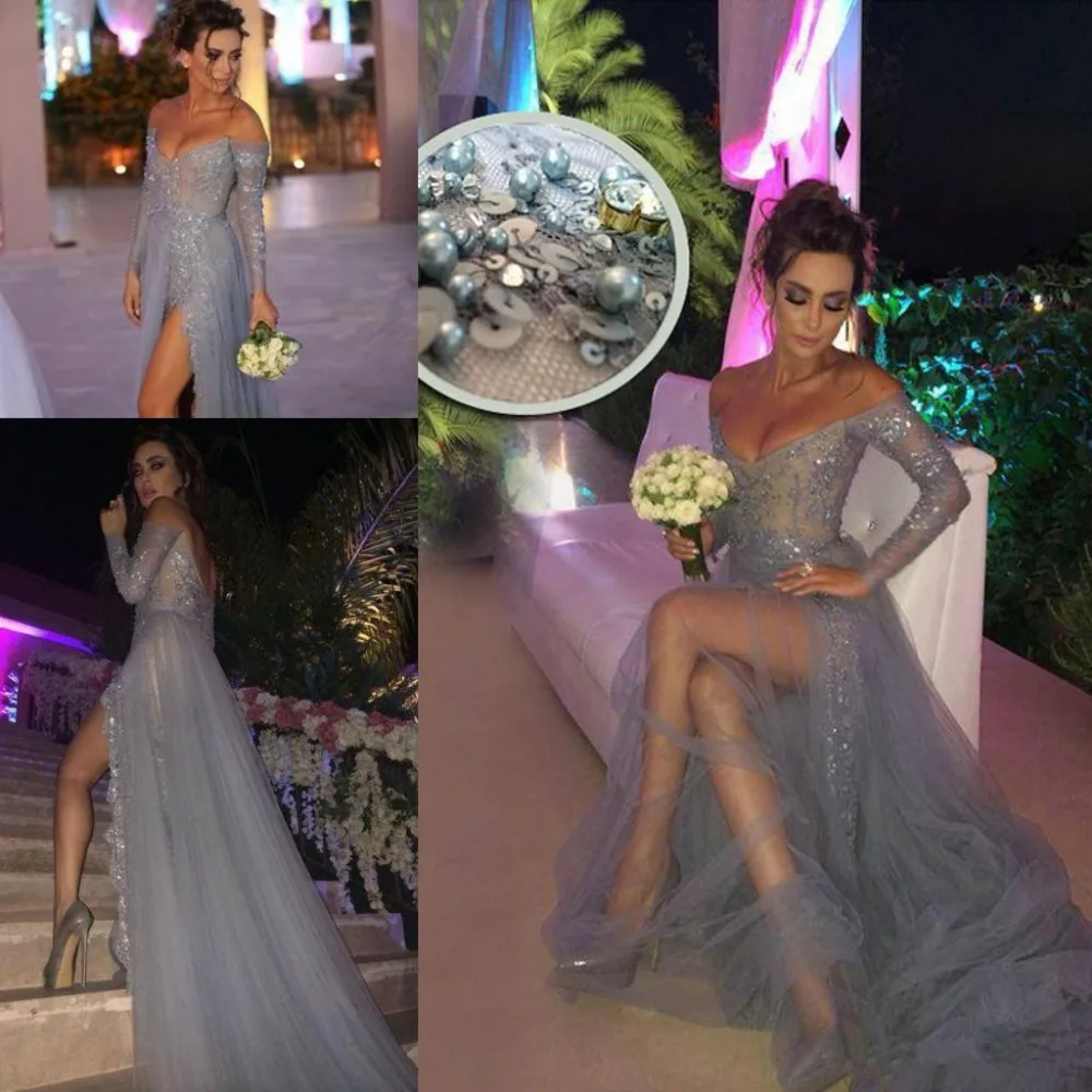 

Off Shoulder Lace Plus Size Party Dresses Long Formal Occasion Split Front A Line Tulle party evening Gowns