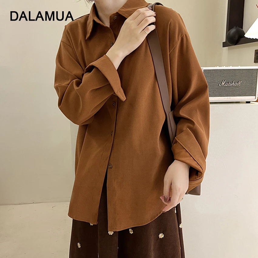 

Thick Women Shirt 2021 Autumn Long Sleeve Solid Color Polo Oversize New Office Lady Fashion Tops Loose Chic Female Casual Shirts