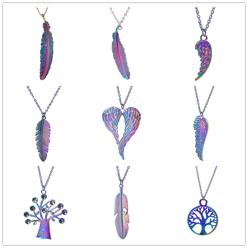 

Rainbow Feather Charm Necklace For Women Men Accessories Punk Wings Tree Of Life Pendant Necklace Fashion Jewelry Chain On Neck