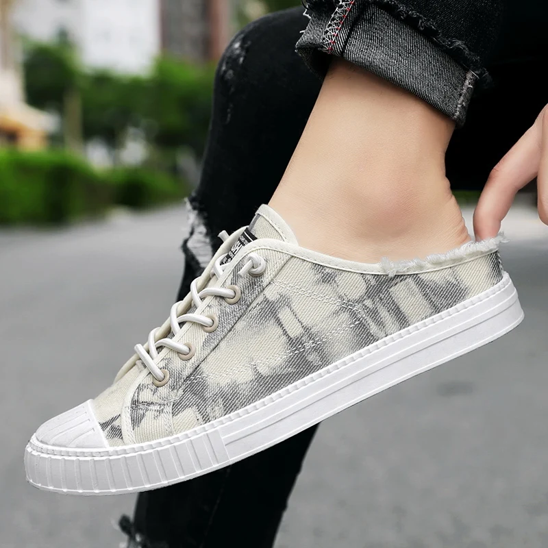 

2021 New Trend Youth Fashion Man Shoes Summer Canvas Half Slippers for Men Beige Adult Casual Shoes Half Drag Flats Men Shoe