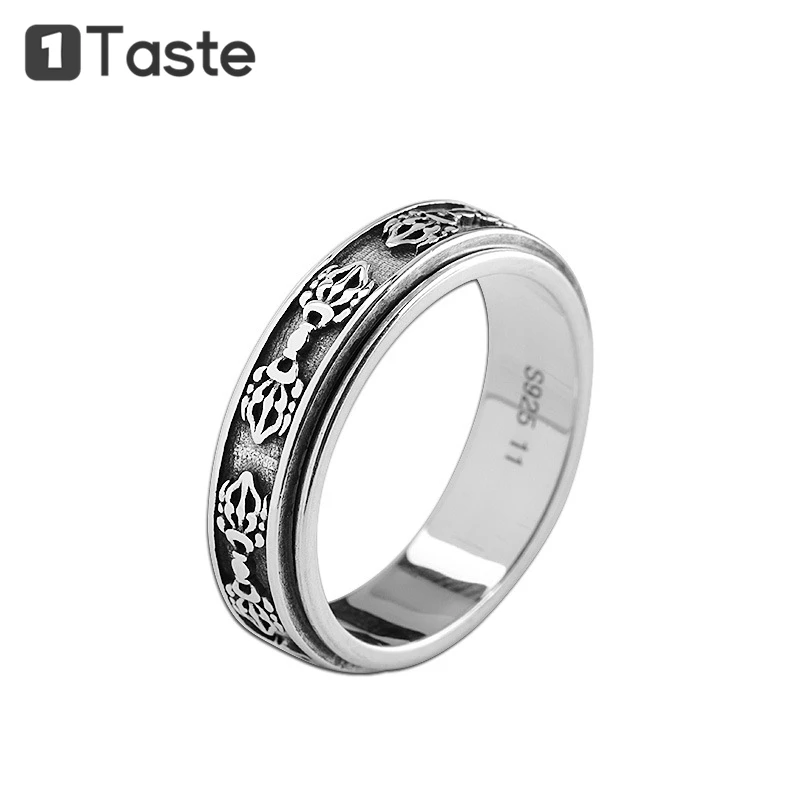 

ONE TASTE 925 Sterling Thai Silver Men's Ring Buddhism Vajra Rotated Circle Rings Fine Jewelry Religious Trendy Hiphop Gift