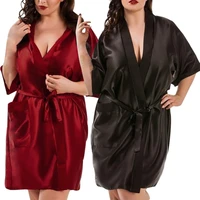 large sleepwear sexy satin night robe bathrobe silk cardigan waist bandage multicolor home patch bag bathrobe women