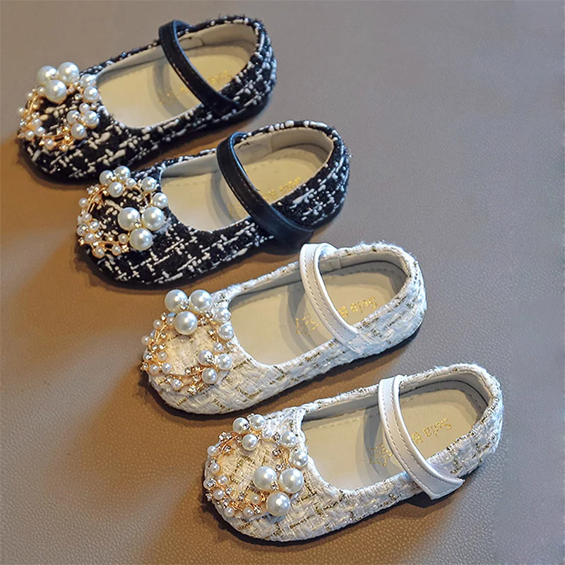 Girls Shoes Pearls Princess Shoes Costume Tweed Baby Kids Children Mary Janes Shoes Plaid Bead Toddlers Non-slip Spring Autumn