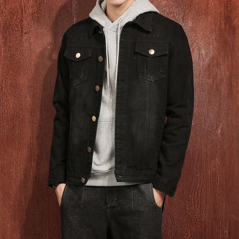 Черная джинсовая куртка с капюшоном Новое поступление 2020 Мужская винтажная