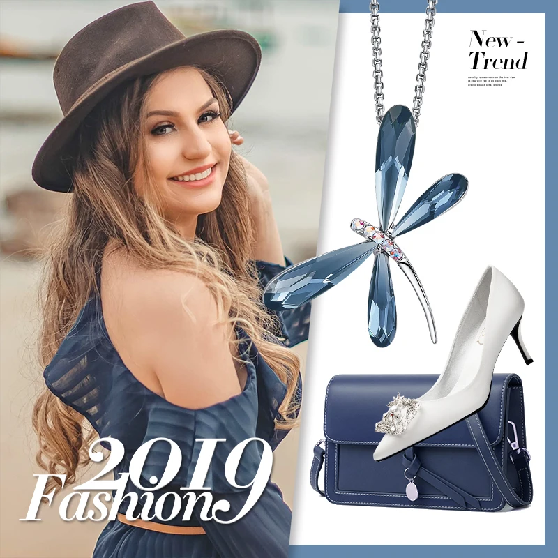 Женская подвеска со стрекозой Cdyle элегантная цепочка с голубым кристаллом