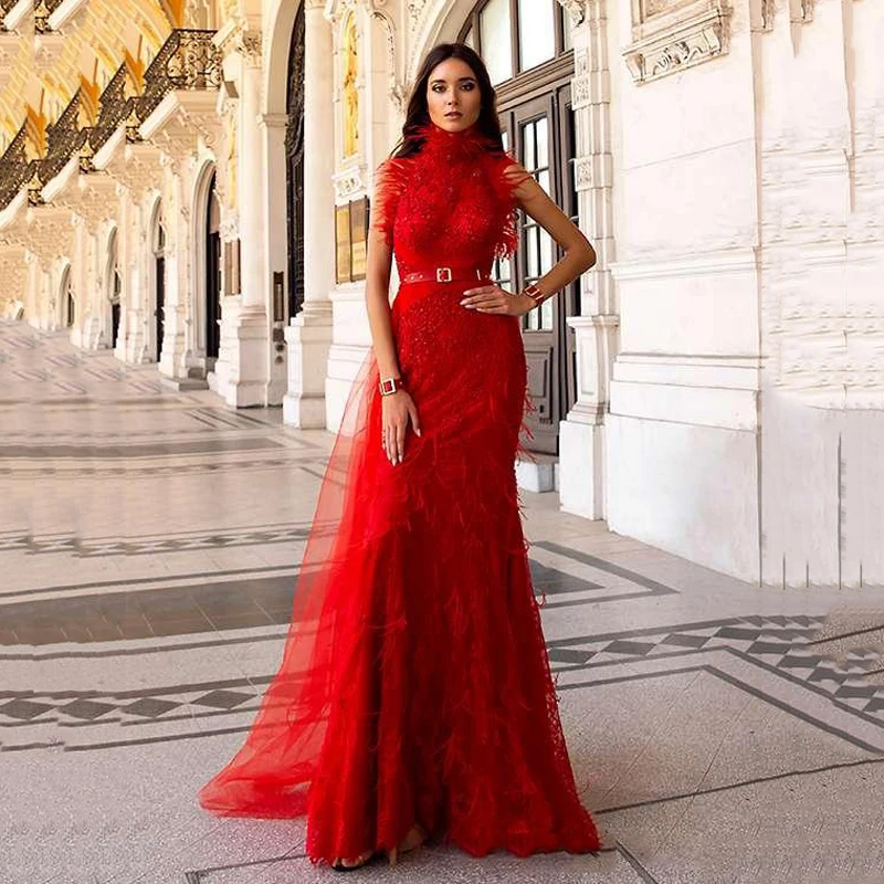 

Красное платье для выпускного вечера, кружевное вечернее платье в пол с аппликацией из бисера и юбкой-годе, с высоким воротником и перьями, О...