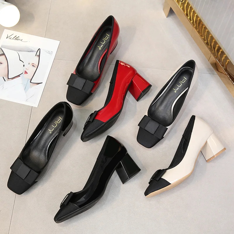 

japanned leather thick high heels single shoes square toe patchwork lady shoes bow-knot ballet slip on pumps sweet shoes concise