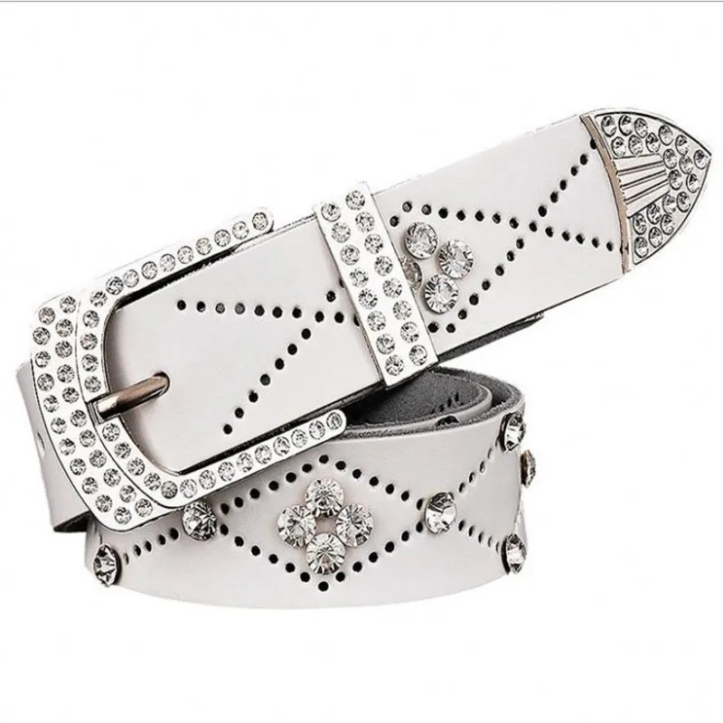

Woman belts genuine leather high quality cow skin female strap fashion designer brand crystal pin metal buckle paski damskie
