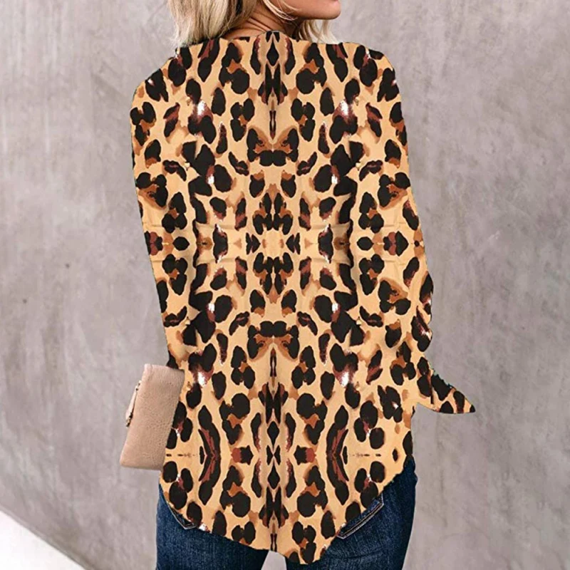 

Women Blouses Shirts Spring Autumn Fashion Casual All-match Leopard Pattern Long Sleeves Sexy V-neck Blouse Tops