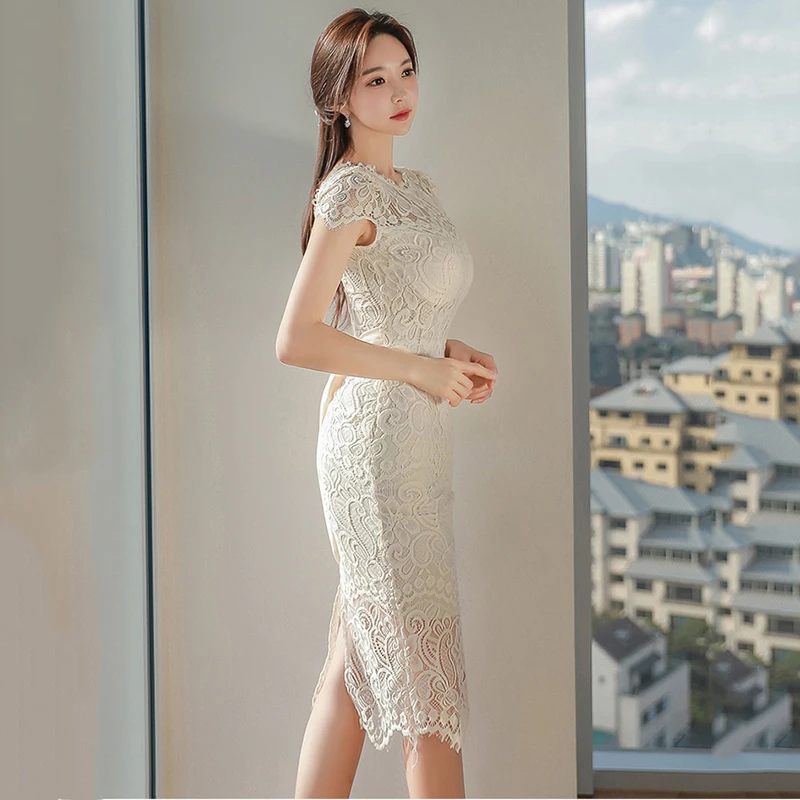 

Korean 2020 Summer Retro lace stitching Vestidos Sexy Dress Women Office Work Bodycon Sheath Casual Pencil Dresses