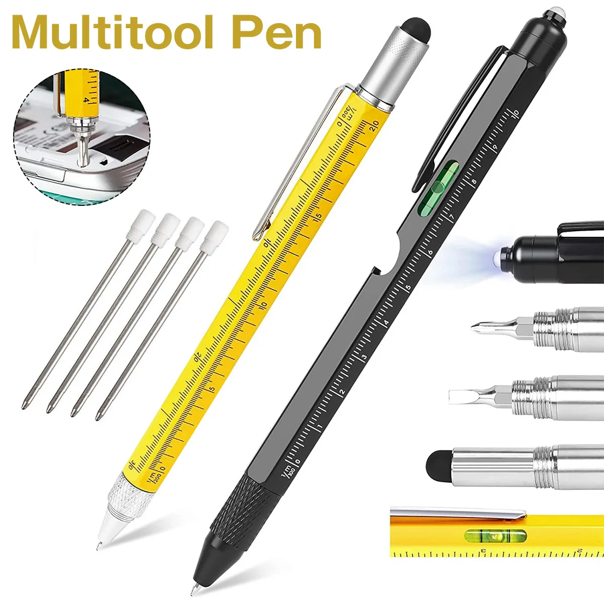 

2pcs Multi Tool Pen All In 1 Ballpoint Pen with Ruler Level Phillips Flat Head Screwdriver Gadgets Pocket Multitool Pen