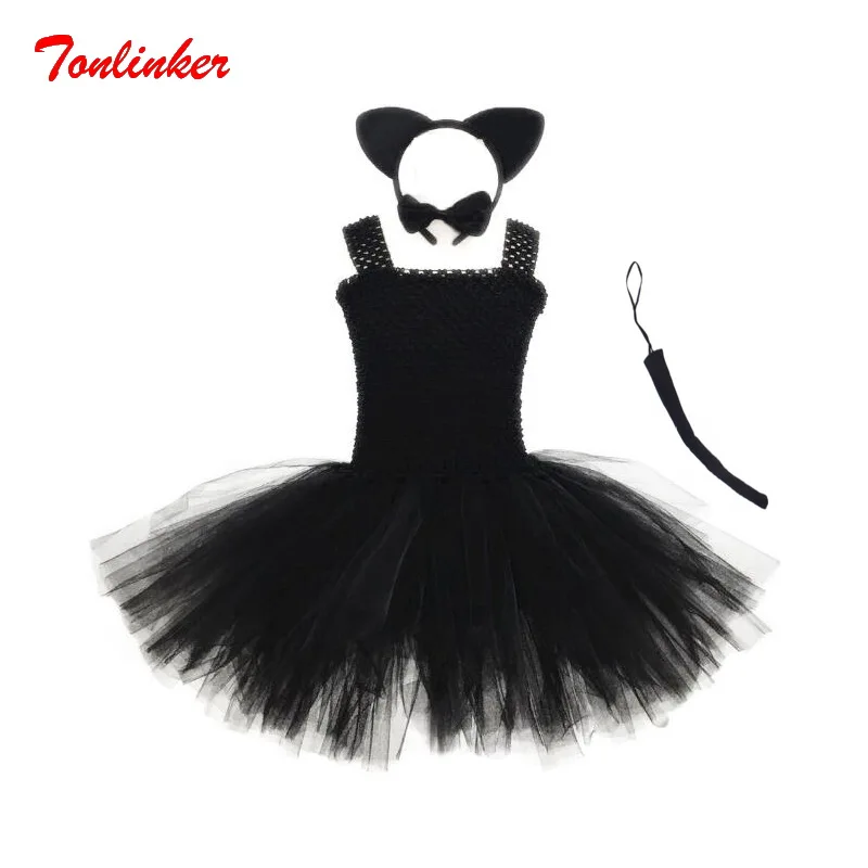 Костюм для косплея черного мультяшного кота на Хэллоуин девочек детское