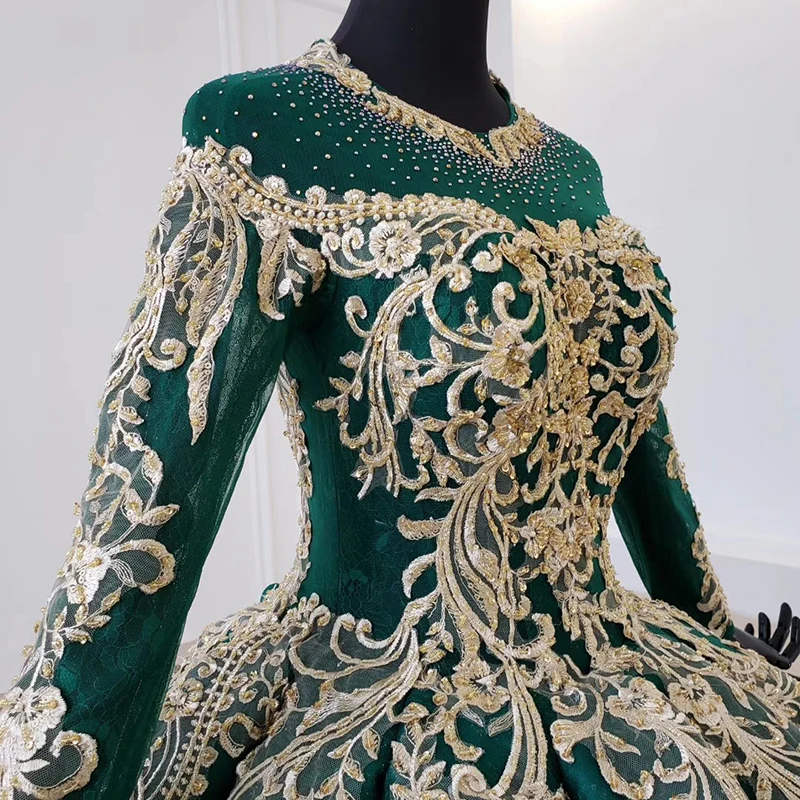

Luxury Crystals Long Sleeve Gold Lace Appliques Beads Ball Gown Lace Arabic Evening Dress Green Evening Dress Vestidos Elegantes