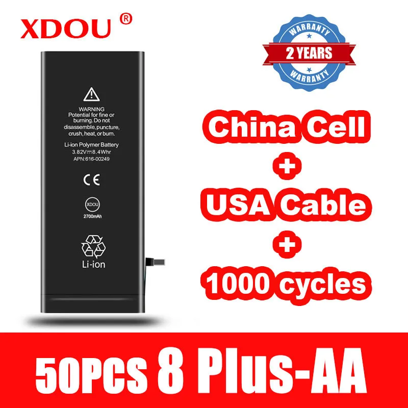 

50pcs XDOU Battery For iPhone 8 Plus 8Plus 2691mAh Repair Replaced 100% Cobalt China Cell USA Cable 1000 Cycles Bateria AA
