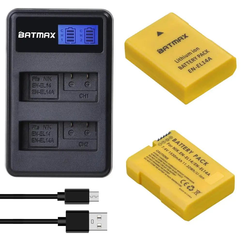 

Batmax 1530mAh EN-EL14 EN-EL14a Battery+LCD USB Dual Charger for Nikon D3100 D3200 D3300 D3400 D3500 D5600 D5100 D5200 P7000