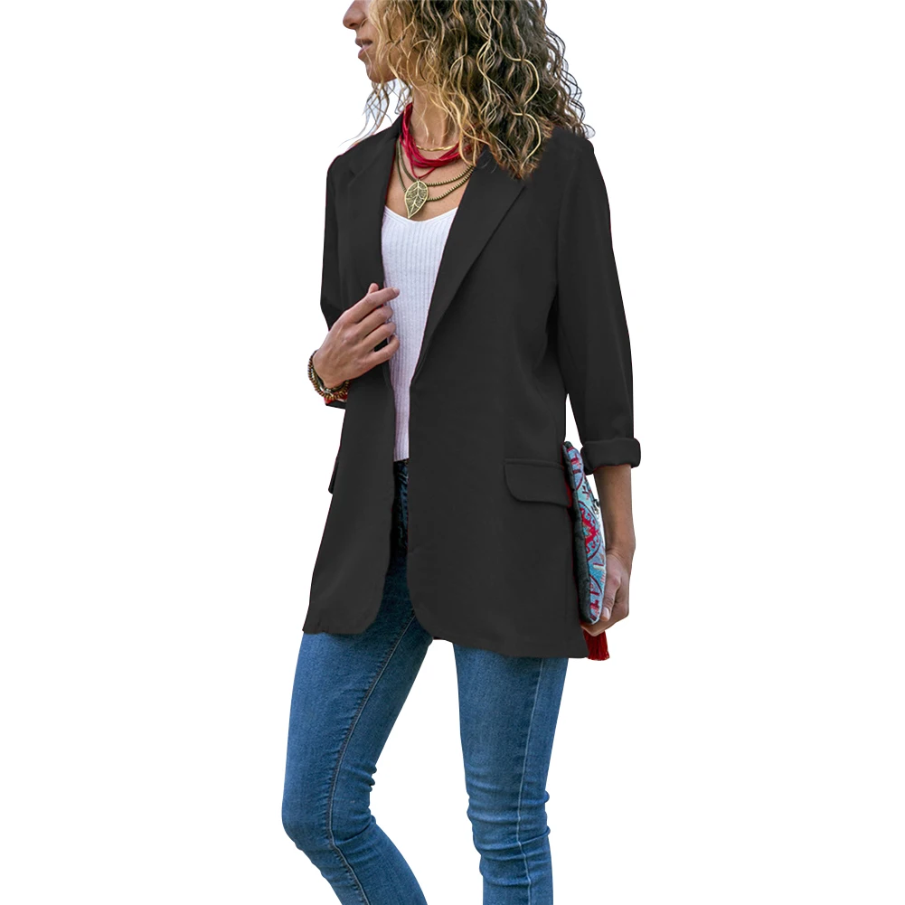 

Women Long Sleeve Office Pocket Casual Slim Fit Turn-down Collar Solid Spring Autumn Blazer Outwear