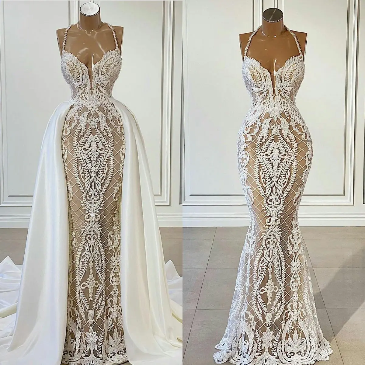 

Gorgeous Overskirt Wedding Dresses Lace Appliques Halter Country Bridal Gowns with Detachable Train Sweep Train Robe De Soirée