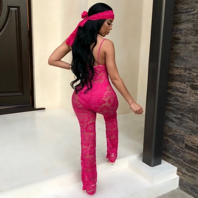 

Summer Women Sleeveless Suspenders Lace Playsuit Hollow Out Party Jumpsuit Bodycon Party Romper Long Trousers Outwear Clothes