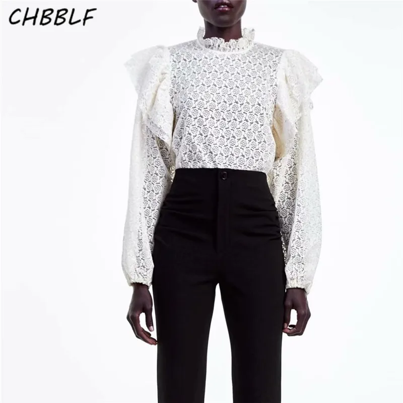 

CHBBLF women sweet ruffles crop tops long sleeve solid female casual beige blouses hollow out chic shirts blusas BGB9442