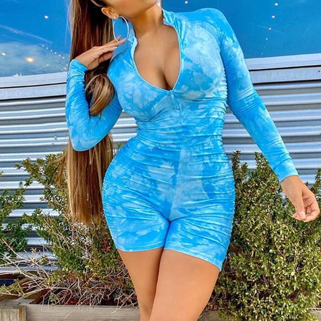 New Tie Dye Print Long Sleeve Jumpsuit Women Elegance Bright Pink Skinny Ruched Playsuit Workout Active Wear Biker Shorts Romper 5
