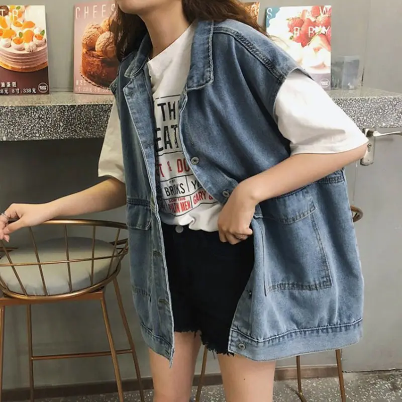 

Vests Women Retro Denim Chic Spring Trendy College Teens Sleeveless Outwear BF Style New All-match Single Breasted Wpmens Jacket