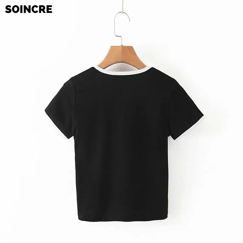 

SOINCRE Women's Top Pure Cotton 2021 Black and White Contrast Color Knitting Short Slim Cropped Fashion Casual T-shirt Small Top