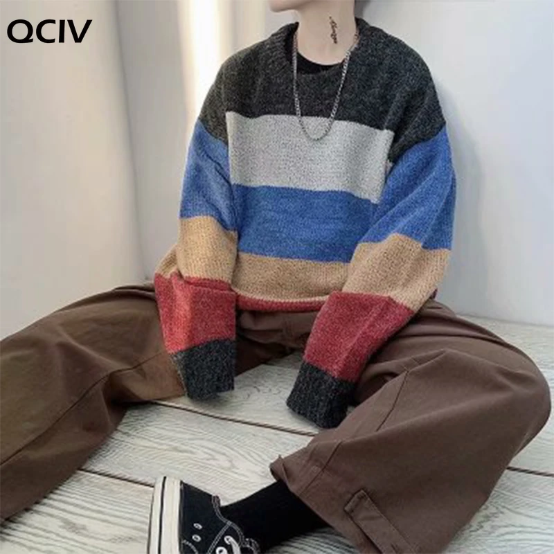 

Autumn Winter New Pullovers Sweater Casual Patchwork Men's Sweater Fashion Rainbow O-Neck Knitwear Pullover High Quality