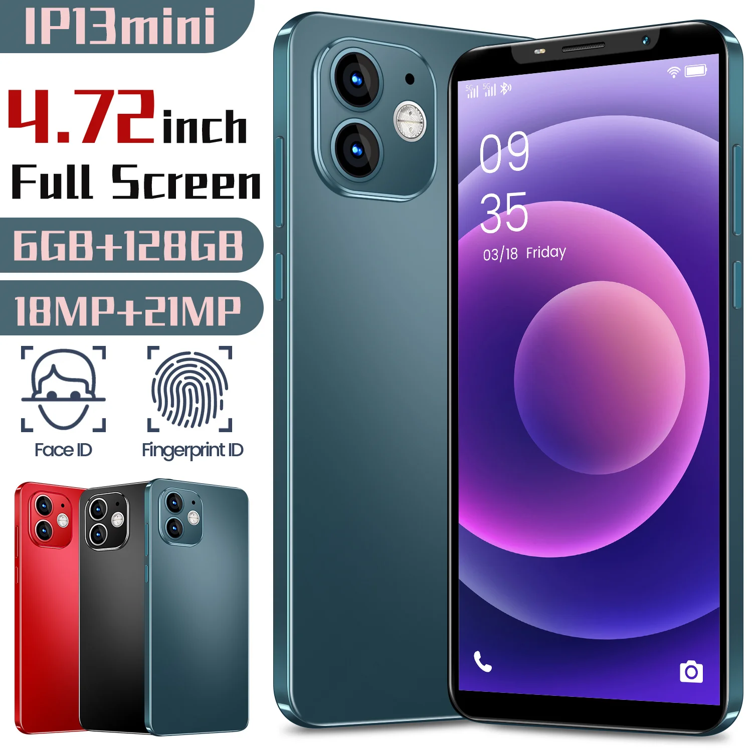 

Global version IP13 MINI smartphone Android 8GB RAM + 256 GB ROM memory 18+21MP 5G phone face ID unlock dual SIM phone