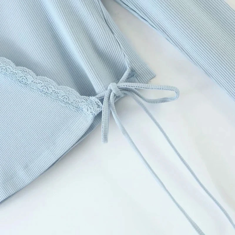 

Women Long Sleeve Ribbed Wrap Top With Lace Trim