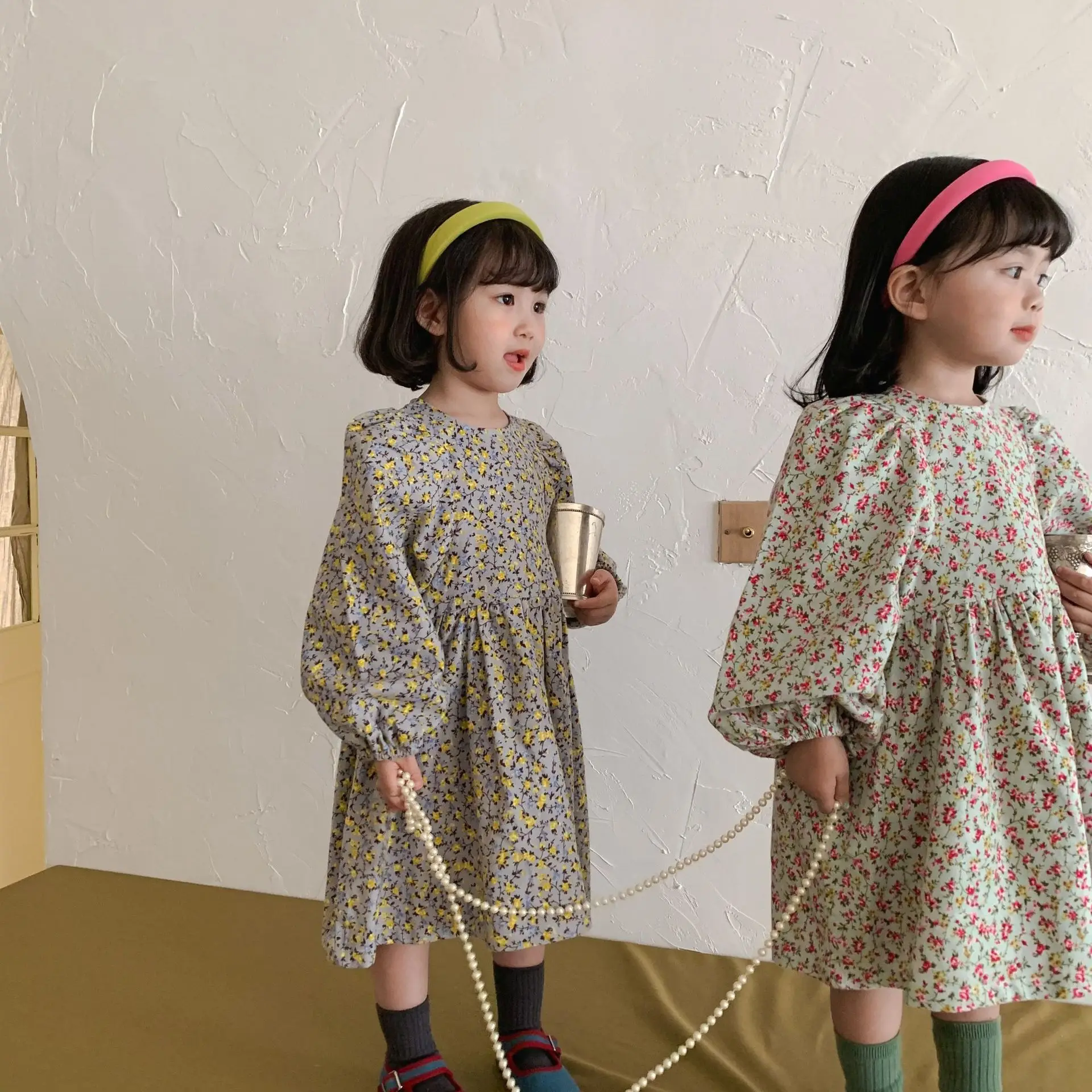 

Детское Хлопковое платье с длинным рукавом и цветочным принтом