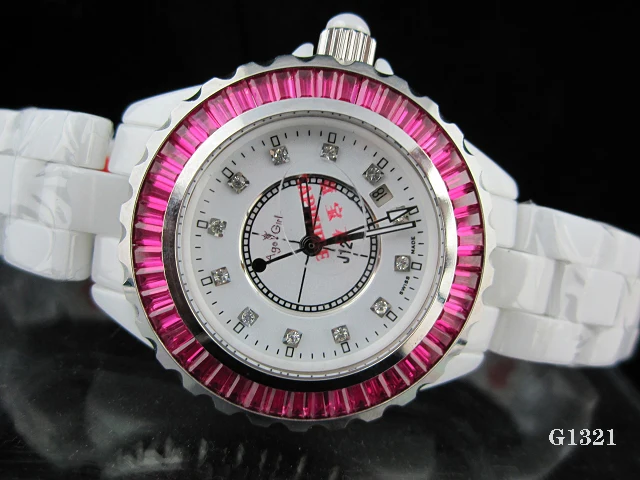 

New Men Women Classic Japan Quartz Black White Ceramic Date Diamonds Round Watch Pink Blue DIAMOND BAUGETTES BEZEL Lady Watches