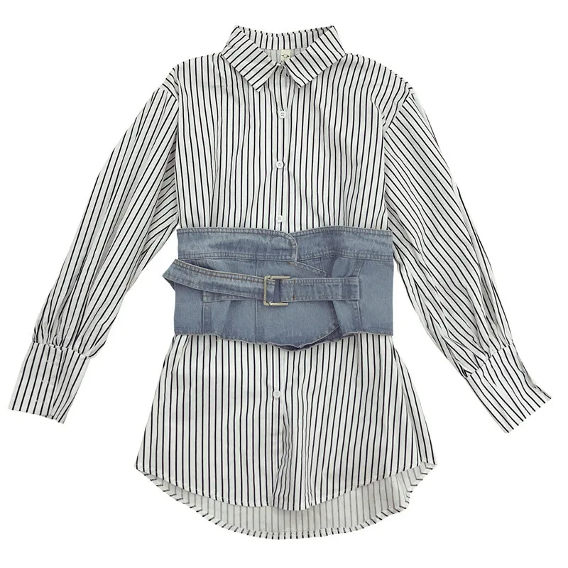 black stripped Neploe, одноцветная, в полоску, с поясом, джинсовая, женская рубашка, однобортная, повседневная, свободная, топ,, осенняя, новая, модная, для девушек, рубашка 68986 - Цвет: black stripped