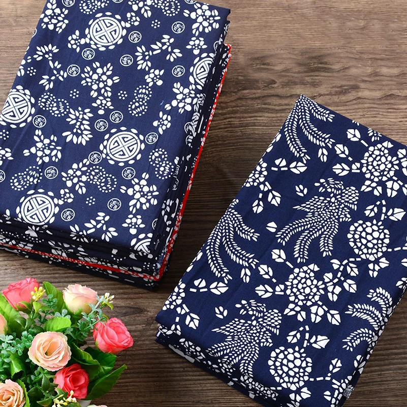 Синяя ткань из чистого хлопка ретро-ткань в этническом стиле Цветочная решетка с