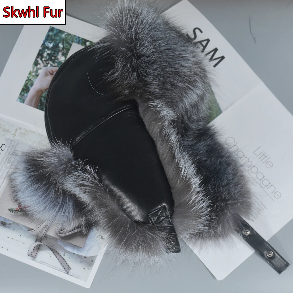 

Outdoor 100% Natural Real Fox Fur Bomber Hat Russia Winter Warm Soft Fluffy Real Fox Fur Cap Women Quality Genuine Leather Hats