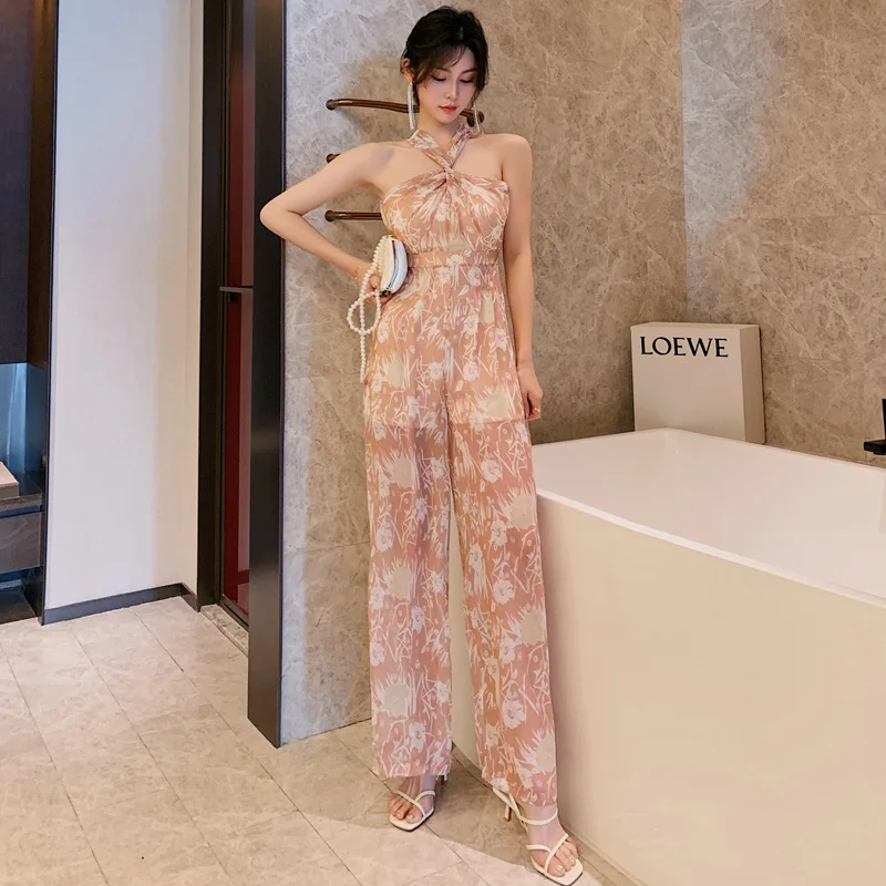 Summer Sexy Women Print Chiffon Jumpsuit Party Halter Catsuit Overalls Bodysuit Club Pants Casual Playsuits Elegant Long Rompers