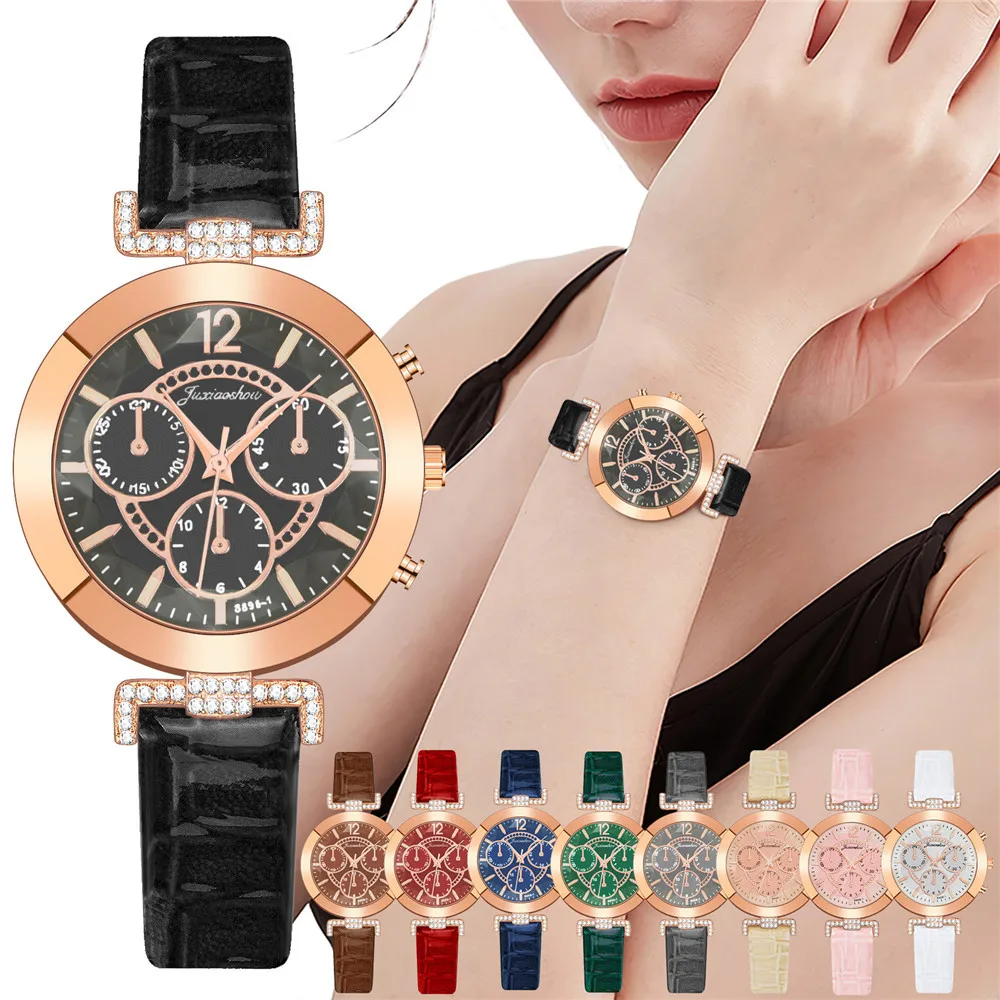 

Часы наручные женские кварцевые с цифровым циферблатом, модные деловые, со стразами, с кожаным ремешком, с тремя глазами, черные