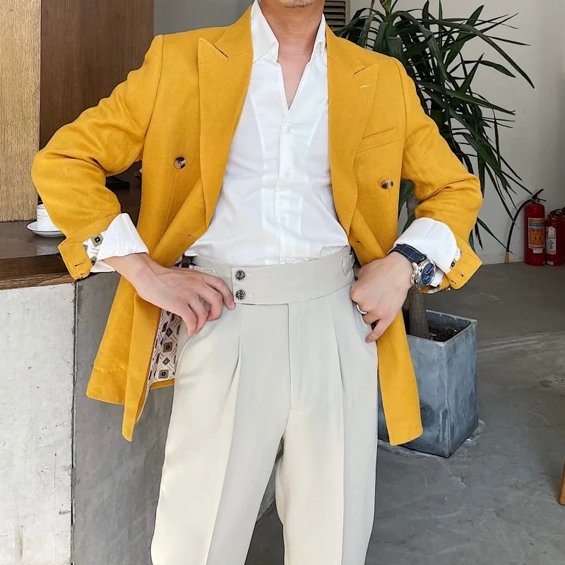 Летний бежевый льняной костюм для пляжа свадьбы мужской из 2 предметов