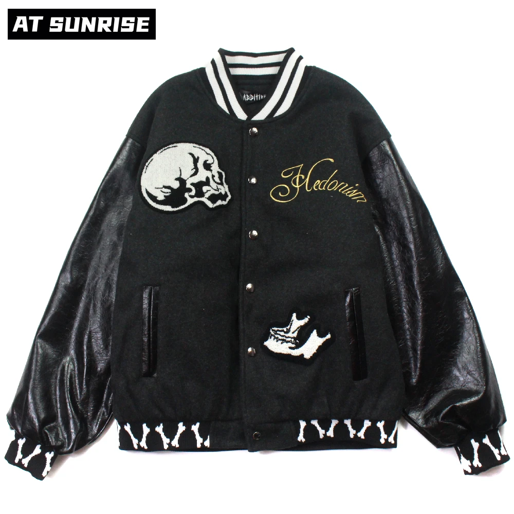 

Men Hip Hop Streetwear retro spliced Bomber Jacket embroidery Skull Jacket Coat Autumn Harajuku Cotton Jacket Coat Outwear Warm