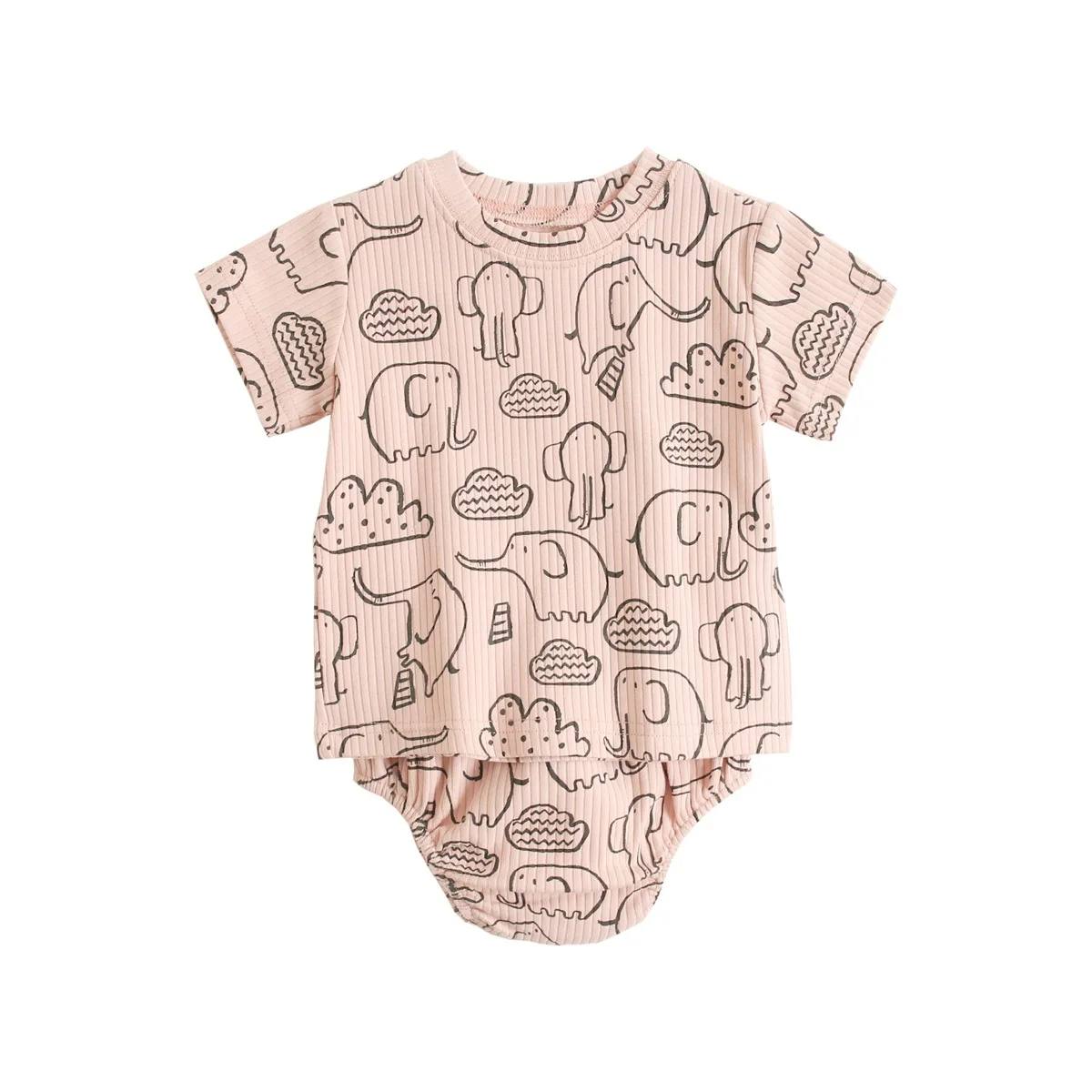 

Toddler Baby Baby's Sets Girls Cute Cartoon Elephant Printed Short Sleeve Thin Bodysuits + Kid Loose Breathable Shorts 2pcs