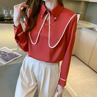 autumn red long sleeve blouse for women chained lapel collar contrast color stain pull over casual female shirts top white