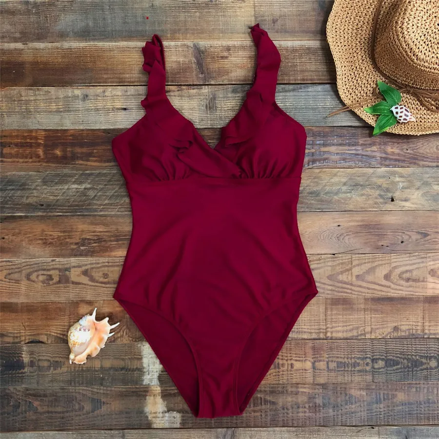 Слитный купальник с оборками Женский однотонный боди 2019 сексуальный купальный