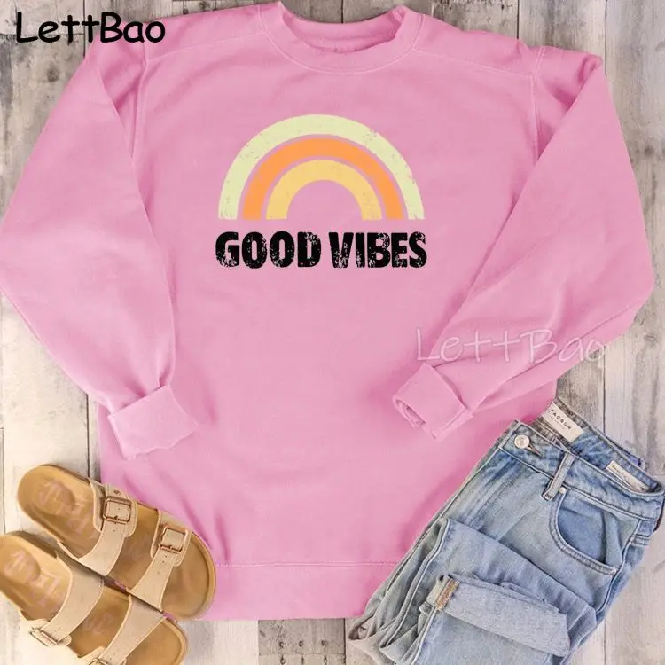 

Женские толстовки с радужным принтом Good Vibes, повседневные теплые осенние толстовки, забавные крутые модные толстовки большого размера для ж...