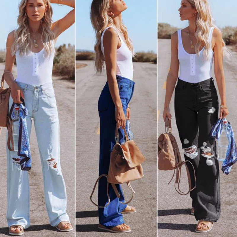 

Women's Jeans Autumn Fashion Solid Color Ripped Wide-Leg Jeans Casual Slim Fit Vintage Button High Waist Pocket Washed Jeans