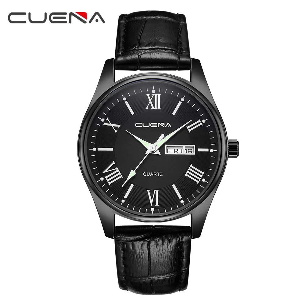 CUENA, мужские кожаные часы, кварцевые часы, модные, простой дизайн, для мужчин, 30 м, водонепроницаемые, простые, с календарем, часы, relogio masculino