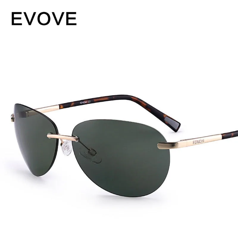 

Evove Rimless Sunglasses Male Oval Sun Glasses for Men Fashion TAC Black Green Lens Anti Reflection UV400 Brand Design