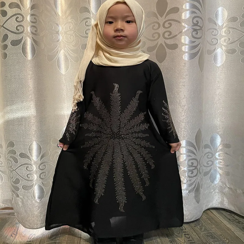 Новинка, мусульманское арабское марокканское платье Eid Mubarak, детская одежда, черное Молитвенное платье, горячая абайя из горного хрусталя, м...