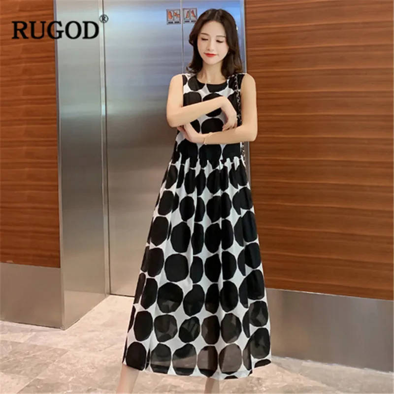 Женское платье в горошек RUGOD свободное ТРАПЕЦИЕВИДНОЕ без рукавов с круглым
