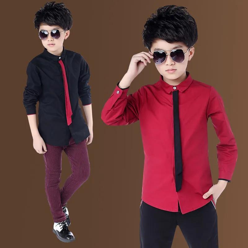 

Kids Boys Shirts 2020 Spring/Autumn Fashion Children Long Sleeve Tops Red/Whiter For Teen Boys Size 110-170 CM Tie Shirts Dwq613
