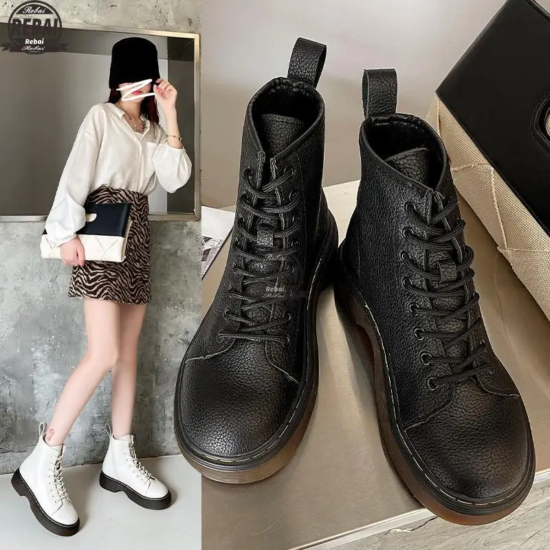 

2021Autumn Winter Cross Tied Women Boots Genuine Leather Platforms Plats Ankle Boots Night Club Shoes Woman High Boots Sapato